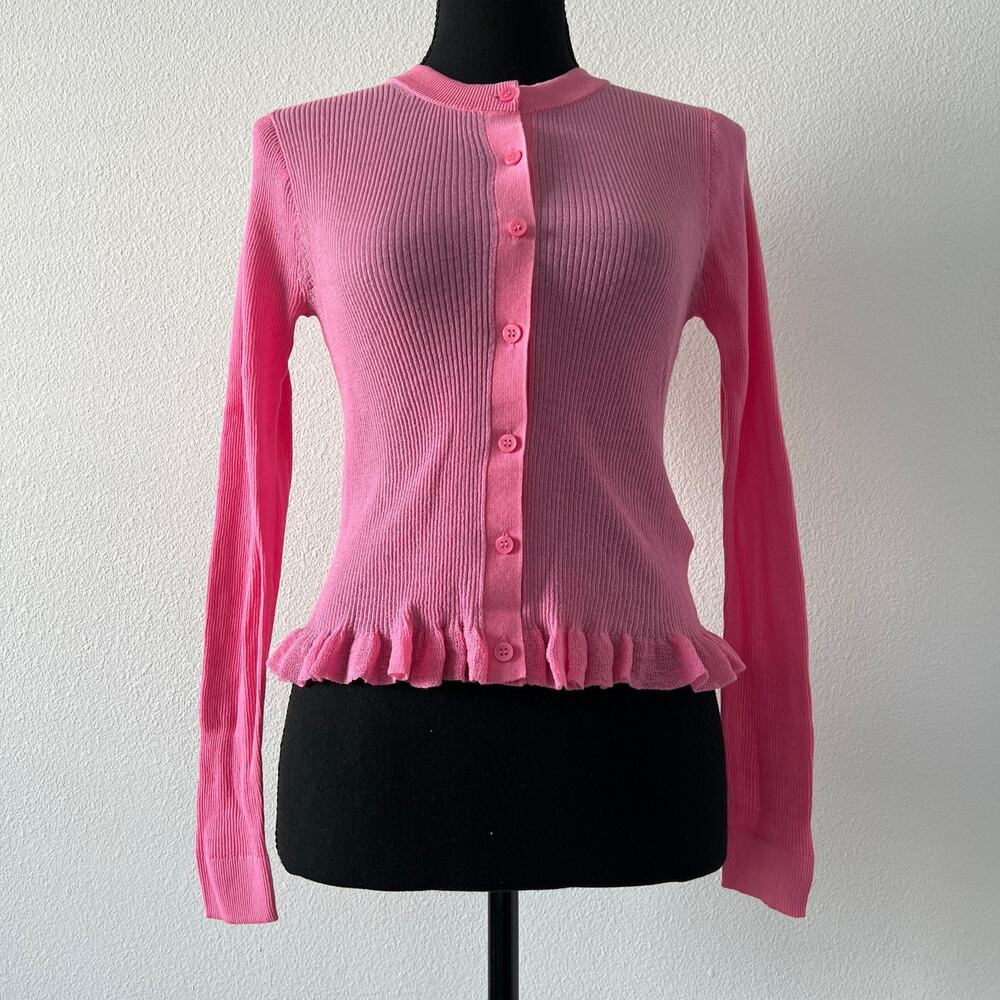 J Crew Ruffle Trim Cotton Gauze Cardigan Womens XS Sheer Stretchy Pink